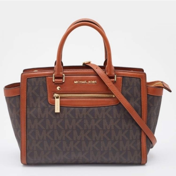 Michael Kors Handbags - NEW MICHAEL KORS Selma Zip Brown Monogram Logo / Gold Hardware Satchel